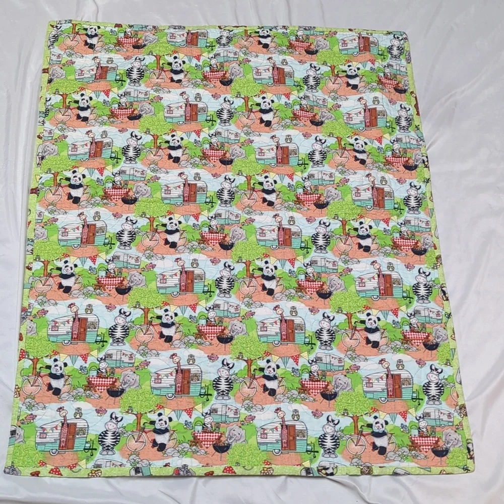 Adorable Zoo Animals Going Camping Handmade Baby Quilt Panda Elephant Zebra